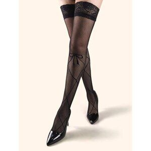 NEW SHEIN Bow Knot Print Over The Knee Fishnet Socks‎ Color Black Size OS
